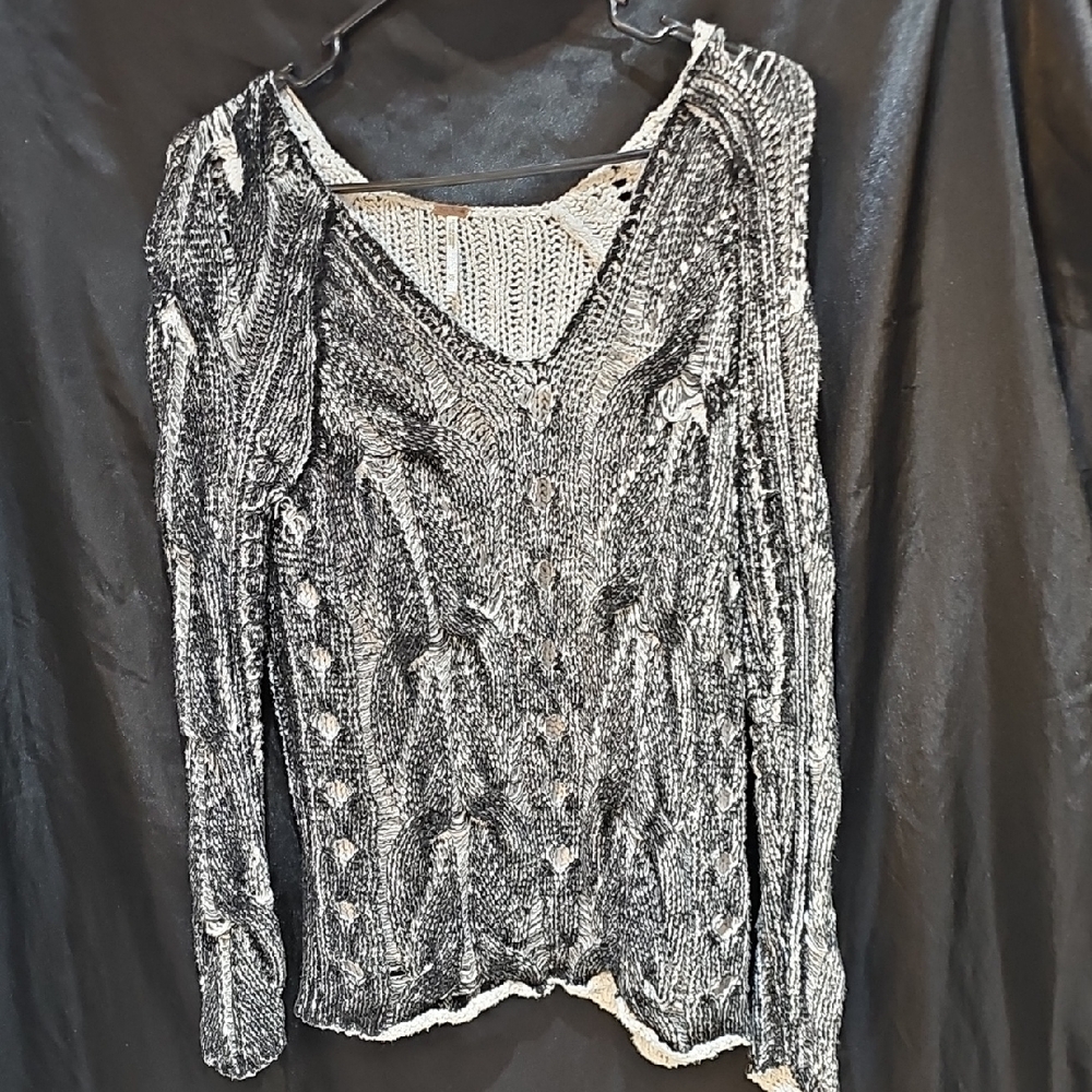 Free People Black and White Knit Blouse